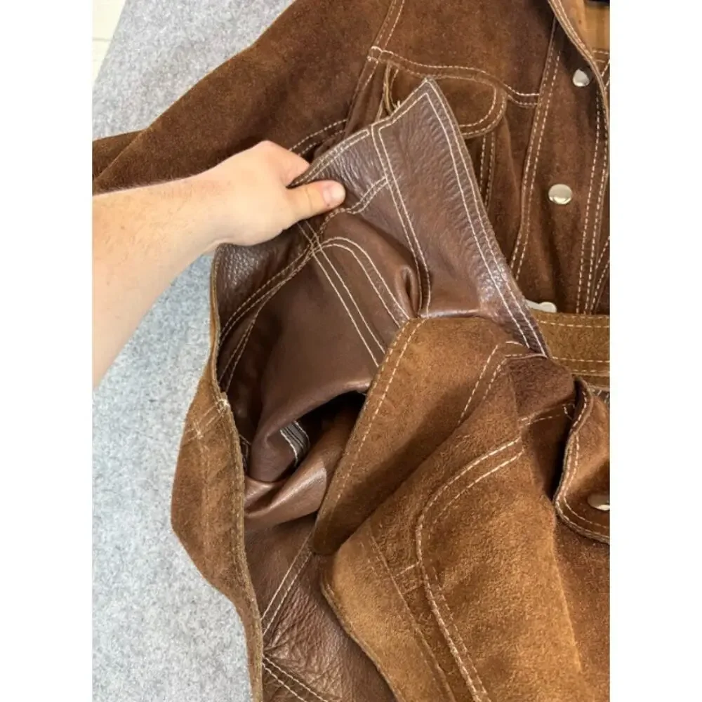 VTG Suede Leather Coat Belted Western Jacket Women Small Brown Cowgirl Boho 70s - Picture 4 of 8